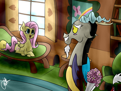 Size: 1024x768 | Tagged: safe, artist:elzielai, discord, fluttershy, pegasus, pony, g4, blushing, female, flower, male, ship:discoshy, shipping, straight