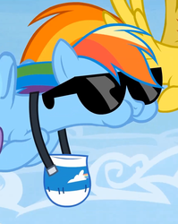 Size: 851x1067 | Tagged: safe, screencap, rainbow dash, spitfire, g4, rainbow falls, season 4, aweeg*, eating, feed bag, horses doing horse things, sunglasses