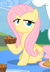 Size: 311x447 | Tagged: safe, screencap, bulk biceps, fluttershy, pegasus, pony, g4, rainbow falls, season 4, apple brown betty (food), cropped, female, fluttershy is not amused, food, mare, offscreen character, solo focus, unamused