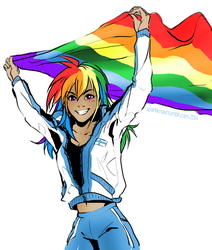 Size: 1280x1513 | Tagged: safe, artist:ddhew, rainbow dash, human, g4, belly button, female, finland, gay pride flag, humanized, lgbt, lovewins, midriff, multicolored hair, pride, rainbow hair, solo, tracksuit