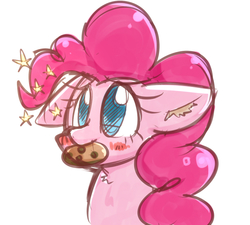 Size: 1000x900 | Tagged: safe, artist:joycall6, pinkie pie, earth pony, pony, g4, blushing, cookie, cute, diapinkes, ear fluff, female, floppy ears, looking up, mouth hold, nom, ponk, smiling, solo, stars