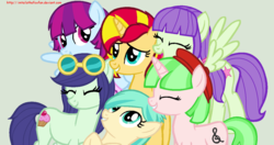 Size: 1310x693 | Tagged: safe, artist:imtailsthefoxfan, blueberry cake, drama letter, mystery mint, starlight, sunset shimmer, tennis match, watermelody, pony, unicorn, g4, background human, equestria girls ponified, ponified