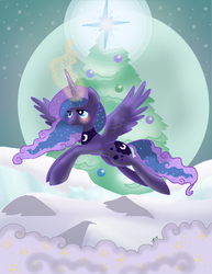 Size: 850x1100 | Tagged: safe, artist:candiphoenixes, princess luna, g4, blushing, female, flying, hearth's warming eve, magic, snow, solo, tree