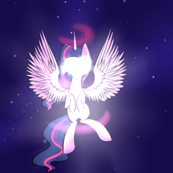 Size: 2000x2000 | Tagged: safe, artist:catopia26, twilight sparkle, alicorn, pony, g4, airborne, banner, female, glowing eyes, high res, mare, solo, twilight sparkle (alicorn)