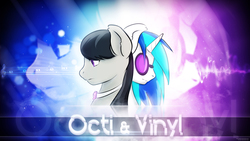 Size: 3840x2160 | Tagged: safe, artist:mezy-peach, artist:romus91, dj pon-3, octavia melody, vinyl scratch, earth pony, pony, unicorn, g4, bowtie, female, glowing, high res, horn, lens flare, mare, profile, reflection, sunglasses, text, vector, wallpaper