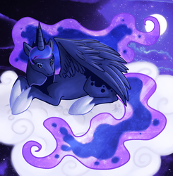 Size: 1096x1119 | Tagged: safe, artist:thepipefox, princess luna, g4, cloud, cloudy, female, moon, night, prone, solo, spread wings
