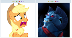 Size: 516x275 | Tagged: safe, applejack, grogar (g1), derpibooru, g1, g4, exploitable meme, juxtaposition, juxtaposition win, meme, meta, scared, tambelon