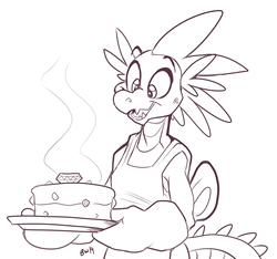 Size: 2200x2062 | Tagged: safe, artist:bluntwhiskey, spike, dragon, anthro, g4, cooking, high res, male, monochrome, older, solo
