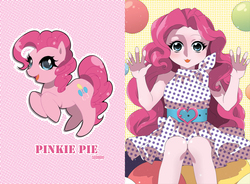 Size: 1205x886 | Tagged: safe, artist:booseo, pinkie pie, earth pony, pony, equestria girls, g4, :3, clothes, dress, female, smiling, solo