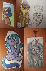 Size: 618x960 | Tagged: safe, artist:drawponies, oc, oc only, oc:blitz, oc:cobalt, badge, con badge, goggles, nurse, photo, raised hoof, smiling, traditional art, wink