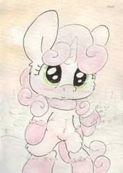 Size: 679x952 | Tagged: safe, artist:slightlyshade, sweetie belle, g4, boots, clothes, female, scarf, snow, solo, traditional art, winter