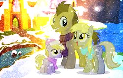 Size: 1500x950 | Tagged: safe, artist:asika-aida, derpy hooves, dinky hooves, doctor whooves, time turner, pegasus, pony, g4, clothes, equestria's best mother, female, male, mare, scarf, ship:doctorderpy, shipping, snow, snowfall, straight, winter