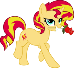 Size: 4833x4485 | Tagged: safe, artist:lunarina, sunset shimmer, pony, unicorn, g4, absurd resolution, female, mouth hold, rose, simple background, solo, transparent background, vector