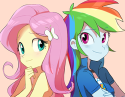 Size: 900x700 | Tagged: dead source, safe, artist:baekgup, fluttershy, rainbow dash, equestria girls, g4, back to back, blushing, bust, clothes, cute, duo, female, simple background, smiling