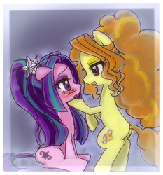 Size: 758x815 | Tagged: dead source, safe, artist:maron0807, adagio dazzle, aria blaze, earth pony, pony, equestria girls, g4, my little pony equestria girls: rainbow rocks, blush lines, blushing, duo, duo female, earth pony adagio dazzle, earth pony aria blaze, equestria girls ponified, female, lesbian, ponified, purple background, ship:adaria, shipping, simple background