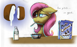 Size: 1624x1010 | Tagged: safe, artist:duh-veed, fluttershy, pony, g4, aw yiss, cereal, eating, enjoying, female, lidded eyes, solo