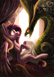 Size: 1860x2657 | Tagged: safe, artist:locksto, princess cadance, alicorn, pony, serpent, snake, g4, bed, blank flank, fanfic, fanfic art, featured image, female, fluffy, frown, missing accessory, monster, open mouth, sitting, wide eyes, wings, younger
