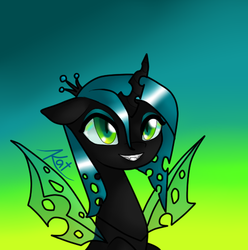 Size: 800x805 | Tagged: dead source, safe, artist:kayak94, queen chrysalis, changeling, changeling queen, nymph, g4, fangs, female, gradient background, smiling, solo, transparent wings, wings