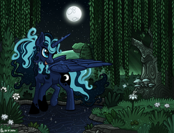 Size: 850x650 | Tagged: safe, artist:ithlini, princess luna, g4, female, forest, moon, night, river, smiling, solo, stream