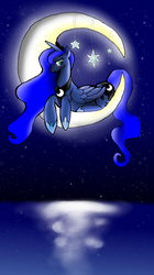 Size: 1679x3000 | Tagged: safe, artist:evaworld, princess luna, g4, female, moon, prone, solo, tangible heavenly object, water