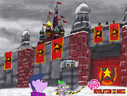 Size: 2036x1540 | Tagged: safe, artist:muramasa91, spike, twilight sparkle, dragon, earth pony, pony, unicorn, g4, clothes, command and conquer, communism, female, hilarious in hindsight, mare, scarf