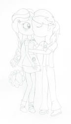 Size: 961x1669 | Tagged: safe, artist:berrypunchrules, paisley, valhallen, human, equestria girls, g4, background human, duo, female, kiss on the lips, kissing, male, monochrome, shipping, straight, valrosa