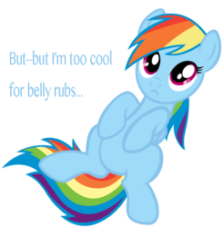 Size: 739x753 | Tagged: artist needed, source needed, safe, rainbow dash, pegasus, pony, g4, :c, bellyrubs, blatant lies, bronybait, cute, dashabetes, female, mare, on back, simple background, solo, white background
