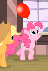 Size: 475x705 | Tagged: safe, screencap, applejack, pinkie pie, earth pony, pony, g4, season 4, three's a crowd, applejack's hat, balloon, cowboy hat, cropped, cute, diapinkes, female, freckles, hat, mare, mouth hold, raised hoof, smiling, solo focus, that pony sure does love balloons