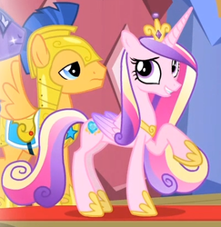 Size: 399x411 | Tagged: safe, screencap, amethyst stone, flash sentry, princess cadance, alicorn, pegasus, pony, g4, three's a crowd, cropped, female, folded wings, hoof shoes, male, mare, raised hoof, stallion, wings