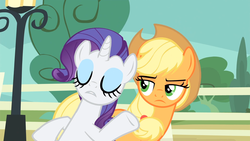 Size: 1920x1080 | Tagged: safe, screencap, applejack, rarity, g4, my little pony: friendship is magic, three's a crowd