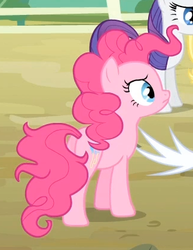 Size: 323x419 | Tagged: safe, screencap, pinkie pie, rarity, earth pony, pony, unicorn, g4, my little pony: friendship is magic, three's a crowd, duo, female, mare, messy mane