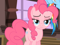 Size: 819x613 | Tagged: safe, screencap, pinkie pie, rainbow dash, earth pony, pegasus, pony, g4, my little pony: friendship is magic, three's a crowd, female, mare, offscreen character, pinkie pie is not amused, solo focus, unamused