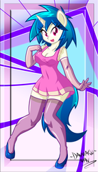 Size: 1433x2500 | Tagged: safe, artist:danmakuman, dj pon-3, vinyl scratch, anthro, g4, breasts, cleavage, clothes, dress, evening gloves, female, high heels, me!me!me!, parody, stockings