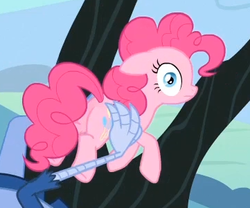 Size: 361x301 | Tagged: safe, screencap, discord, pinkie pie, pony, g4, my little pony: friendship is magic, three's a crowd, butt, confused, female, mare, plot, solo, thousand yard stare