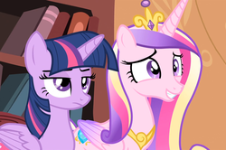 Size: 1626x1080 | Tagged: safe, screencap, princess cadance, twilight sparkle, alicorn, pony, g4, three's a crowd, duo, duo female, female, folded wings, mare, sisters-in-law, twilight sparkle (alicorn), wings