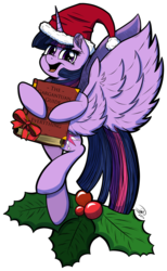 Size: 2751x4465 | Tagged: safe, artist:gray--day, twilight sparkle, alicorn, pony, g4, book, christmas, female, hat, holly, mare, open mouth, santa hat, solo, spread wings, twilight sparkle (alicorn)