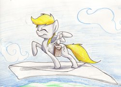 Size: 1280x924 | Tagged: safe, artist:matugi, derpy hooves, pegasus, pony, g4, envelope, eyes closed, female, flying, mailbag, mare, smiling, solo, traditional art