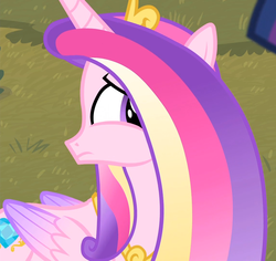 Size: 1146x1080 | Tagged: safe, screencap, princess cadance, alicorn, pony, g4, three's a crowd, cropped, female, folded wings, mare, offscreen character, reaction image, solo focus, wings