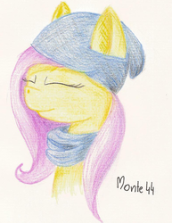 Size: 786x1018 | Tagged: safe, artist:monte44, fluttershy, g4, clothes, eyes closed, female, hat, portrait, scarf, solo, traditional art