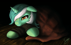 Size: 2000x1278 | Tagged: safe, artist:alyxsp, lyra heartstrings, pony, unicorn, fanfic:background pony, g4, blanket, clothes, crying, fanfic art, female, floor, floppy ears, hoodie, lyre, mare, prone, sad, solo, teary eyes