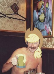 Size: 430x590 | Tagged: safe, edit, applejack, rainbow dash, human, g4, 1000 shots to get the perfect photograph, cider, igor nikolaev, irl, irl human, moustache, mug, photo, photoshop, russian, russian meme