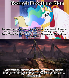 Size: 1021x1144 | Tagged: safe, megan williams, princess celestia, fanfic:the conversion bureau, g4, celestia's proclamation, exploitable meme, meme, op is jelly, the conversion bureau, tyrant celestia, xenolestia