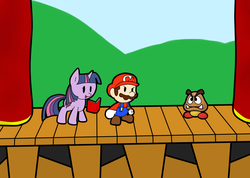 Size: 2335x1663 | Tagged: safe, artist:idsmehlite, twilight sparkle, goomba, g4, book, crossover, curtains, male, mario, nintendo, paper mario, paper mario: the thousand year door, paper pony, rpg, stage, style emulation, super mario bros.