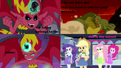 Size: 1536x864 | Tagged: safe, artist:avispaneitor, applejack, fluttershy, pinkie pie, rarity, sunset shimmer, equestria girls, g4, my little pony equestria girls, crossover, engrish, grammar error, jackie chan adventures, shendu, sunset satan