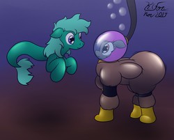 Size: 1280x1028 | Tagged: safe, artist:the-furry-railfan, oc, oc only, oc:crash dive, oc:depth charge, merpony, pegasus, pony, bubble, curious, diving suit, hose, inflation, seabed, underwater