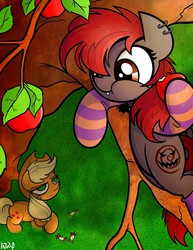 Size: 2000x2584 | Tagged: safe, artist:inkypsycho, applejack, oc, oc:spiral night, bat, pegasus, pony, g4, apple, clothes, high res, socks, striped socks