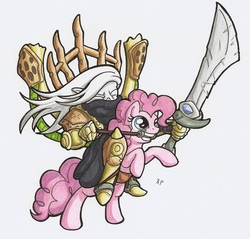 Size: 1138x1089 | Tagged: artist needed, safe, pinkie pie, g4, bridle, crossover, cryx, rearing, riding, riding a pony, sword, tack, traditional art, warmachine, warmahordes