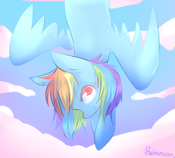 Size: 1024x926 | Tagged: safe, artist:bae-mon, rainbow dash, g4, cloud, cloudy, falling, female, flying, looking at you, smiling, solo, spread wings