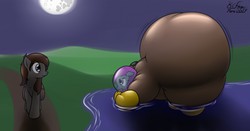 Size: 1280x671 | Tagged: safe, artist:the-furry-railfan, oc, oc only, oc:crash dive, oc:pressure cooker, earth pony, pegasus, pony, butt, diving suit, embarrassed, floating, impossibly large butt, inflation, moon, night, plot, saddle bag, the ass was fat, water