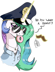 Size: 2000x2600 | Tagged: safe, artist:php104, princess celestia, alicorn, pony, g4, bust, donut, female, high res, mare, mouth hold, police, police officer, princess arrestia, simple background, solo, sunglasses, transparent background